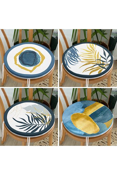 Realhomes 4-Piece Colorful Gold Detailed Leaf Patterned Modern Round Zippered Chair Cushion Set on the Floor