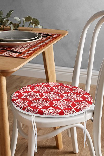 Realhomes White Snowflake Patterned Digital Printed Modern Round Zippered Chair Cushion on Red Background