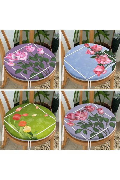 Realhomes 4-Piece Colorful Floor Rose Bundles Special Design Digital Printed Round Zippered Chair Cushion