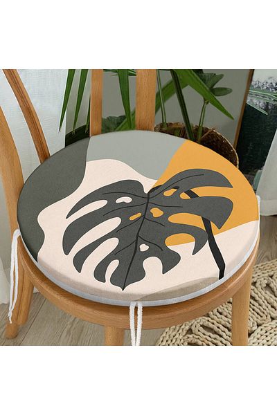 Realhomes Digital Printed Round Zippered Chair Cushion with Colorful Background and Onedraw Drawing Leaf Pattern