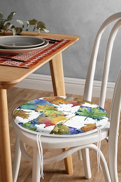 Realhomes Autumn Leaf Pattern Digital Printed Round Zippered Chair Cushion on White Background