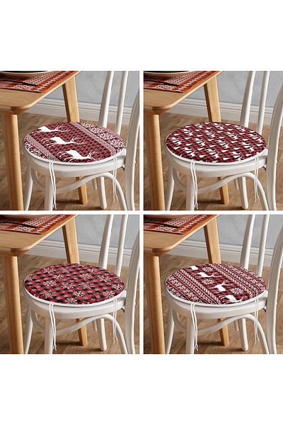 Realhomes Set of 4 New Year's Special Design Plaid Floored Deer and Snowflakes Round Zippered Chair Cushion