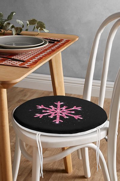 Realhomes Pink Color Snowflake Patterned Digital Printed Round Zippered Chair Cushion with Black Background