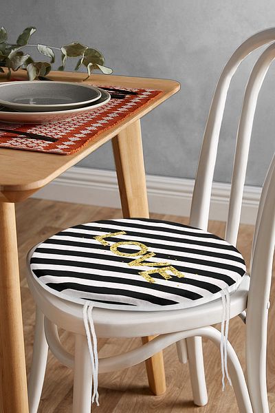 Realhomes Modern Round Zippered Chair Cushion with Black Horizontal Stripes and Gold Color Love Writing on White Background