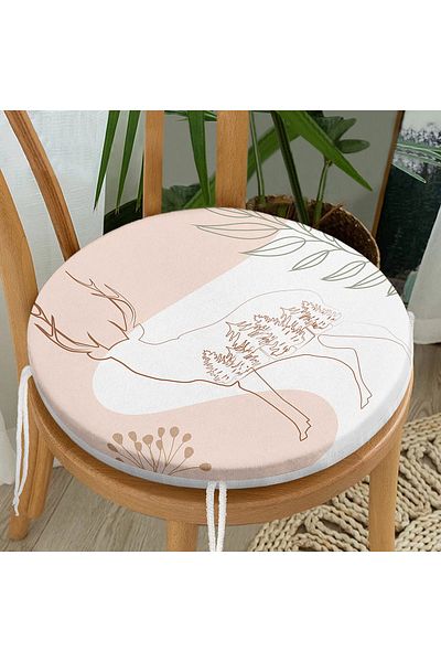 Realhomes Digital Printed Round Zippered Chair Cushion with Colorful Background and Onedraw Drawing Deer Pattern