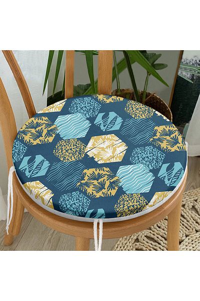 Realhomes Modern Round Zippered Chair Cushion with Geometric Patterned Leaf Motif on Colorful Floor