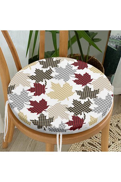 Realhomes Plaid Leaf Patterned Digital Printed Modern Round Zippered Chair Cushion on White Background