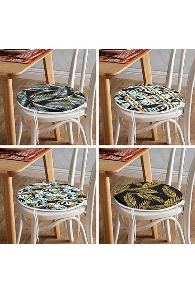Realhomes 4-Piece Colorful Gold Detailed Leaf Patterned Modern Round Zippered Chair Cushion Set on the Floor