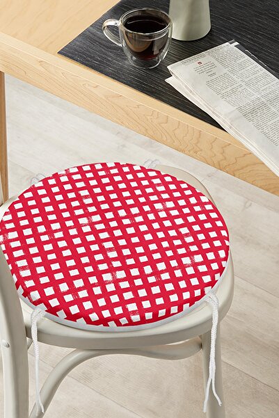 Realhomes Kırmızı Zeminde Geometrik Kare Motifli Yuvarlak Fermuarlı Sandalye ...