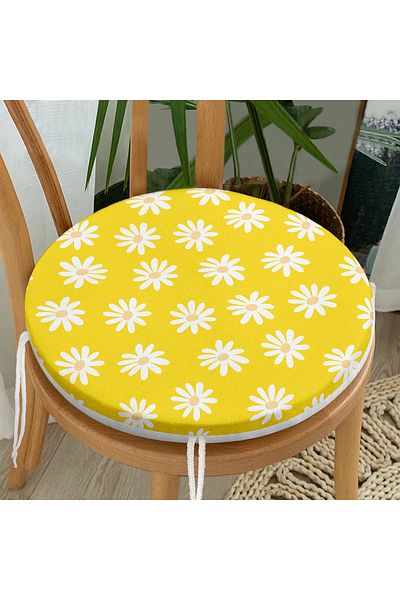 Realhomes Yellow Floor Daisy Patterned Digital Printed Round Zippered Chair Cushion