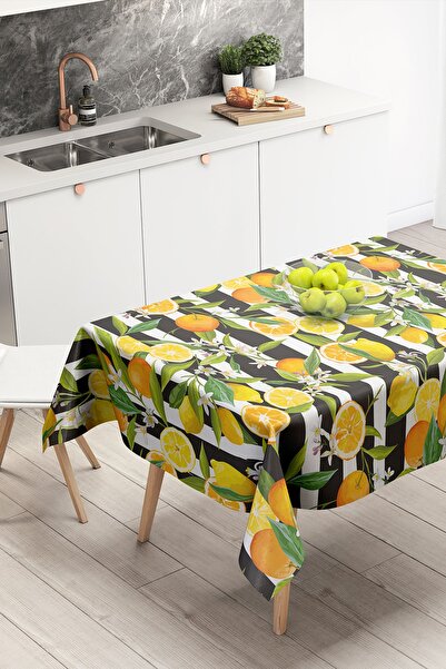 Nish & Royal Lemon Pattern Decorative Tablecloth with Striped Black Background