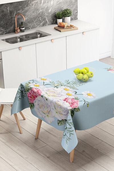Nish & Royal Digital Printed Tablecloth with Blue Floor and White Roses