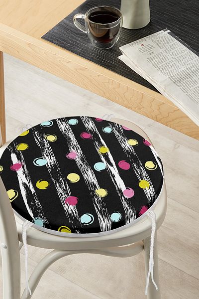 Realhomes Colorful Polka Dot Patterned Digital Printed Round Zippered Chair Cushion on Black Background