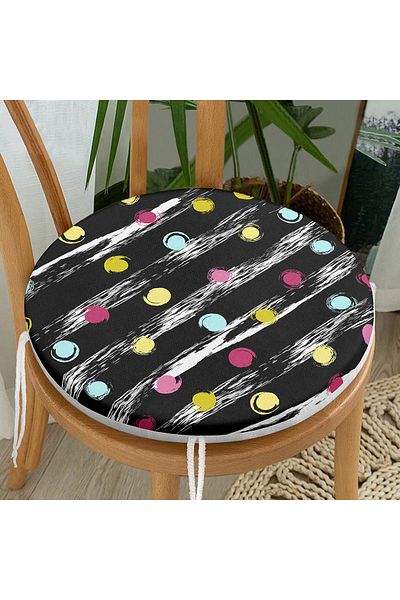 Realhomes Colorful Polka Dot Patterned Digital Printed Round Zippered Chair Cushion on Black Background