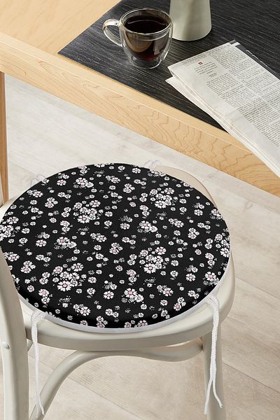 Realhomes White Flowers on Black Background Digital Printed Round Zippered Chair Cushion