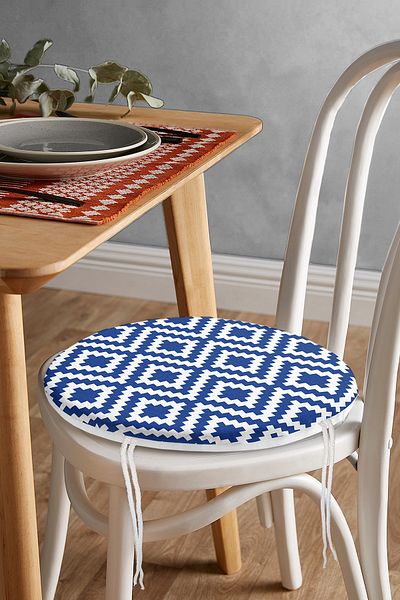 Realhomes Dark Blue Geometric Drawing Digital Printed Modern Round Zippered Chair Cushion