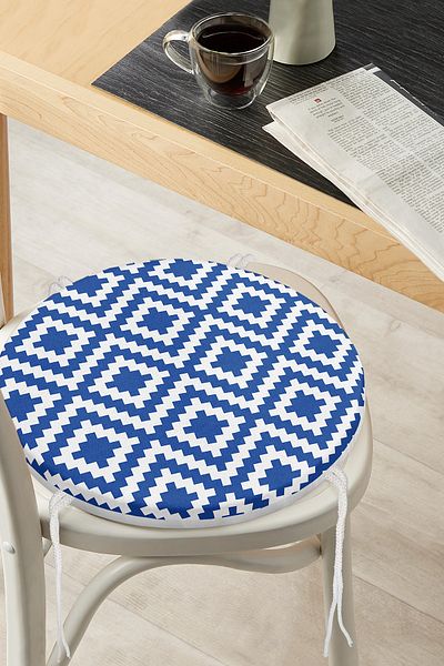 Realhomes Dark Blue Geometric Drawing Digital Printed Modern Round Zippered Chair Cushion