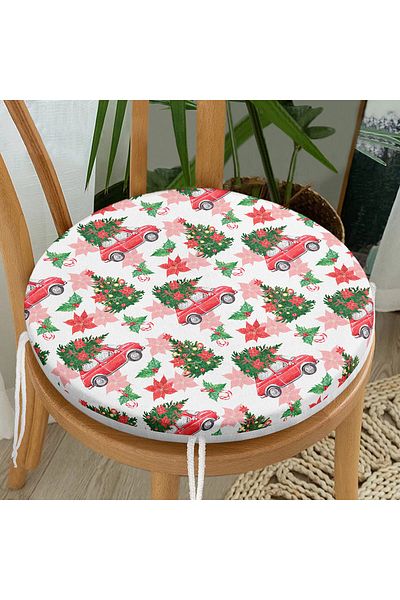 Realhomes New Year's Patterned Red Vosvos Modern Round Zippered Chair Cushion on White Background