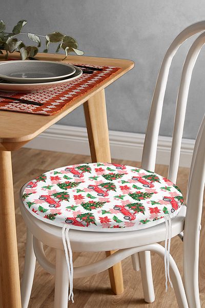 Realhomes New Year's Patterned Red Vosvos Modern Round Zippered Chair Cushion on White Background