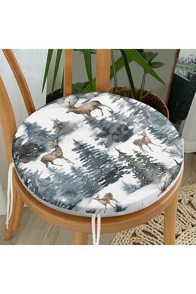 Realhomes Watercolor Pine Tree Deer Design Digital Printed Modern Round Zippered Chair Cushion