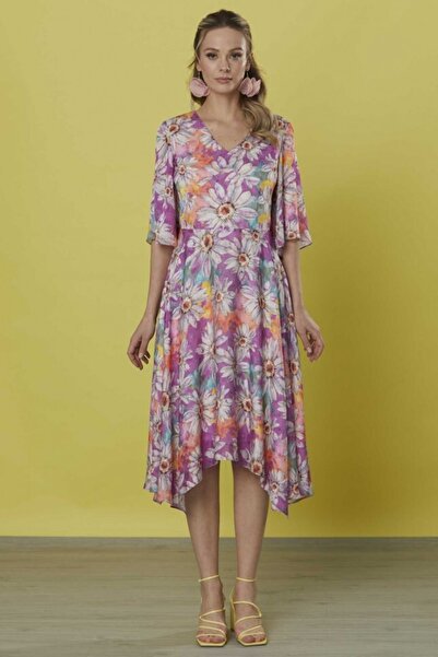 Selen Giyim Kolu Volanlı V Yaka Emprime Elbise