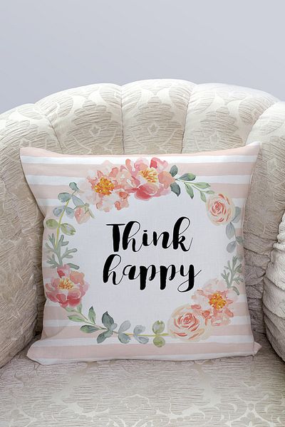 Nish & Royal Think Happy Digital Printed Pillow Cushion Cover with Flower Motif