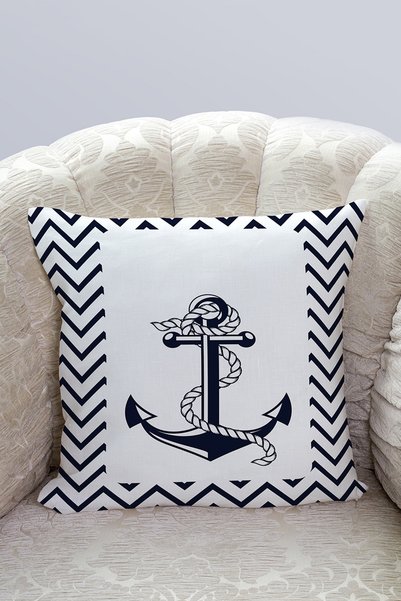 Nish & Royal Digital Printed Modern Pillow Throw Pillow Case with Geometric Drawing Anchor Pattern on White Background