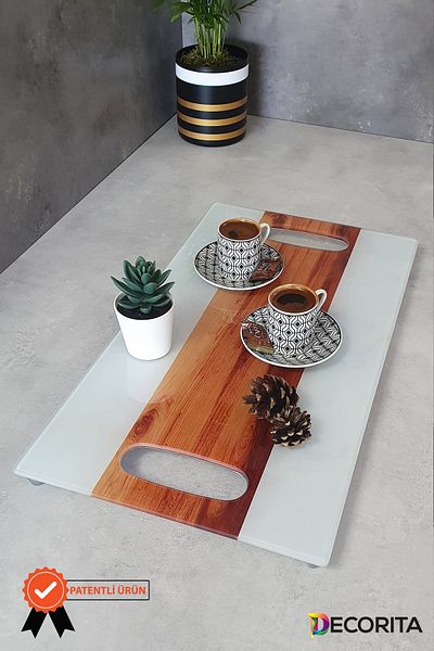 Decorita Glass Tray| Wooden Striped| 29cm X 52cm