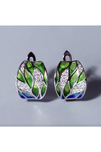 Takıtolia Glaze Natura El Yapımı Emaye 925 Ayar Gümüş Özel Tasarım Zirkon Taşlı Etnik Yeşil Yaprak Küpe