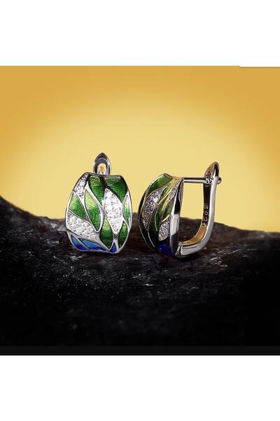 Takıtolia Glaze Natura El Yapımı Emaye 925 Ayar Gümüş Özel Tasarım Zirkon Taşlı Etnik Yeşil Yaprak Küpe