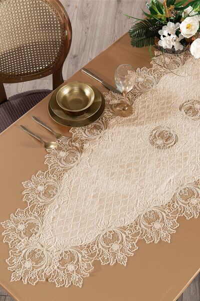 Evlen Home Kadife Dantelli Runner Felix Cappuccino 60x150 cm