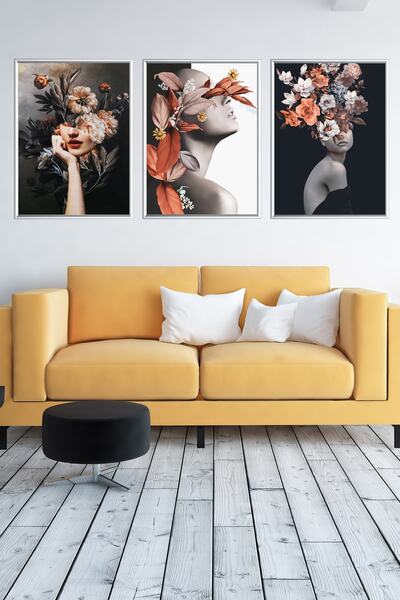 Linacci Üçlü Gümüş Alüminyum Metal Çerçeveli Camlı Poster Tablo Seti