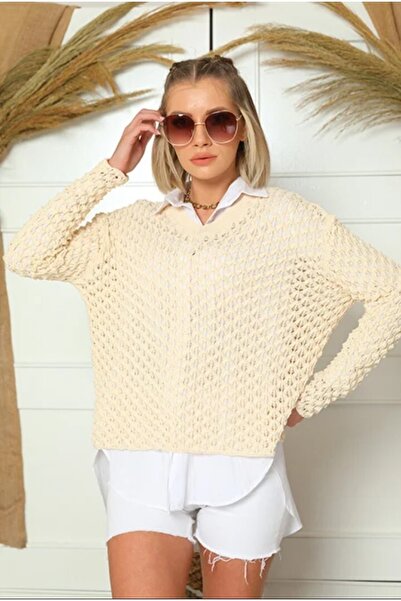 Jerusalema Ekru Kadın Lıkralı Mevsimlik V Yaka Ajurlu Triko Kazak