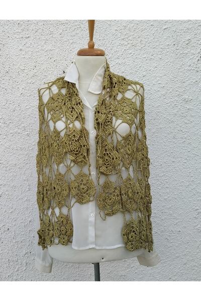 Hippybutik Simli Gold Ip Tığ Motifli Abiye Şal