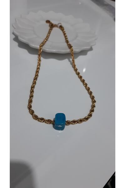 aksesuaroloji Twisted Steel Gold Necklace (with Glass Beads)