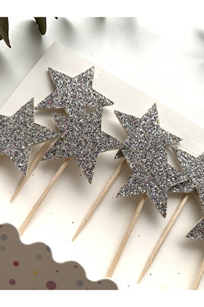 Partifabrik Yıldız Kürdan 12 Adet Simli Pasta Süsü