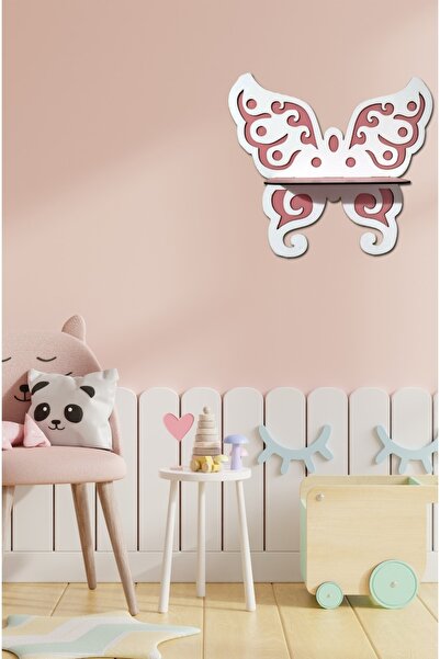 Notpa Ahşap Kelebek Desenli Dekoratif Duvar Rafı Pembe Beyaz