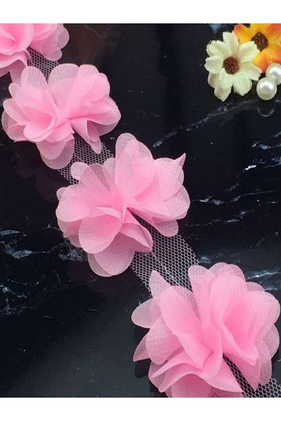 E Elmas Laser Cut Chiffon Flower (59 - 60 Τεμάχια) - Ροζ Μωρού