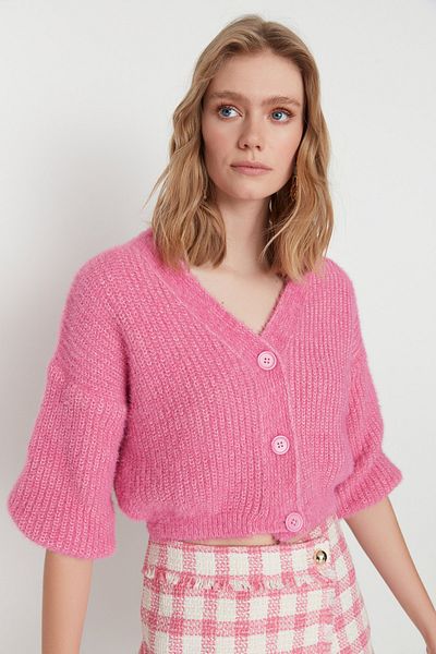 Trendyol Collection Pink Crop Knitwear Cardigan - Furry/Beard Rope Twoaw22Hi0452