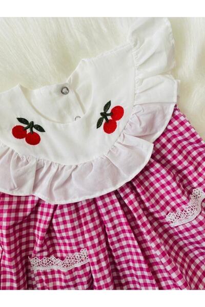 Mars Kids Kız Bebek Fuşya Pötikareli Kirazlı Elbise Bandana