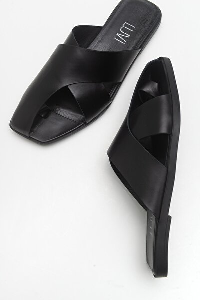 Luvi Land Black Skin Genuine Leather Women's Slippers