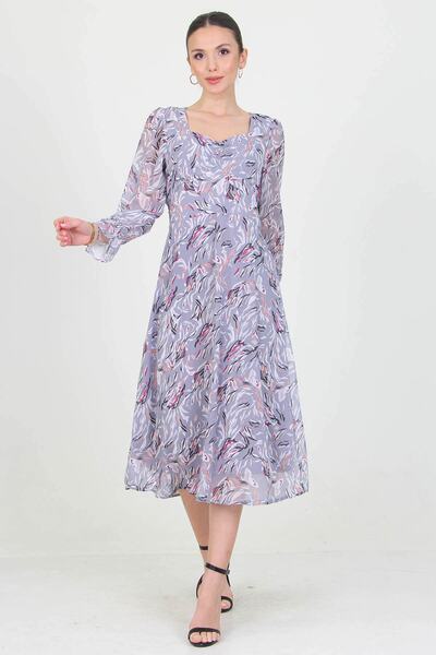 Neşeli Butik Kadın Gri Kalp Yaka Yeni Sezon Desenli Şifon Elbise Ry0030
