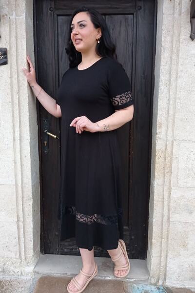 tarzımsüper Μεγάλο μέγεθος Δαντέλα Λεπτομερές Μοντέλο Άνετο Βαμβακερό Lycra Κοντό μανίκι Μακρύ Κομψό Βραδινό Φόρεμα Μαύρο