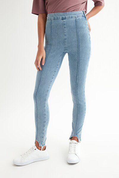 Açelya Okcu Women's Blue High Waist Lycra Elastic Leg Jeans Leggings