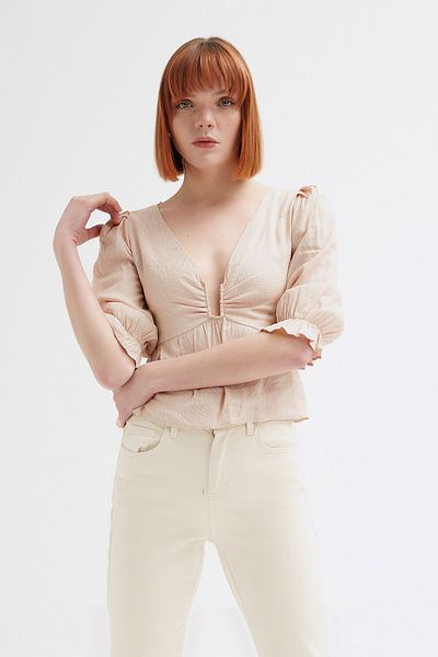 Açelya Okcu Women's Striped U Detailed Voile Blouse