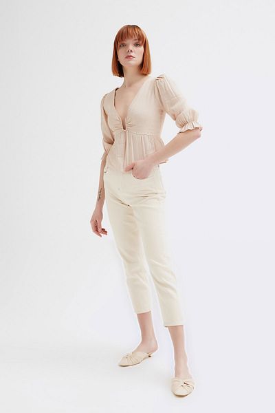 Açelya Okcu Women's Striped U Detailed Voile Blouse