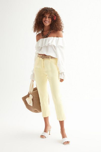 Açelya Okcu Women's Yellow High Waist Cigarette Belted Trousers