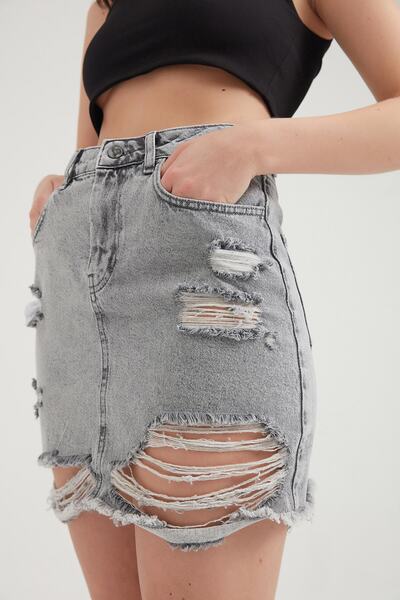 Açelya Okcu Fustă din denim ruptă cu talie înaltă