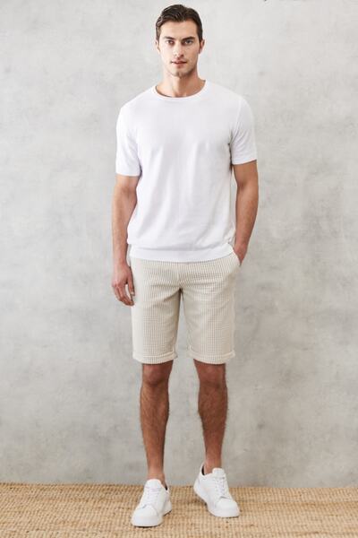ALTINYILDIZ CLASSICS Ανδρικό λευκό-μπεζ Slim Fit Slim Fit ριγέ, ευέλικτο σορτς με πλαϊνές τσέπες