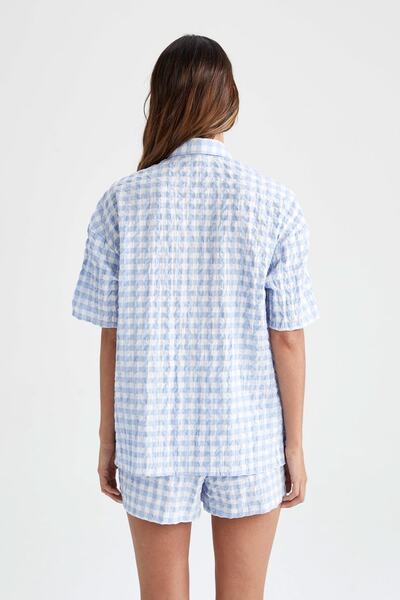 DeFacto Fall In Love Regular Fit Gingham Patterned Short Sleeve Cotton Seersucker Pajama Top